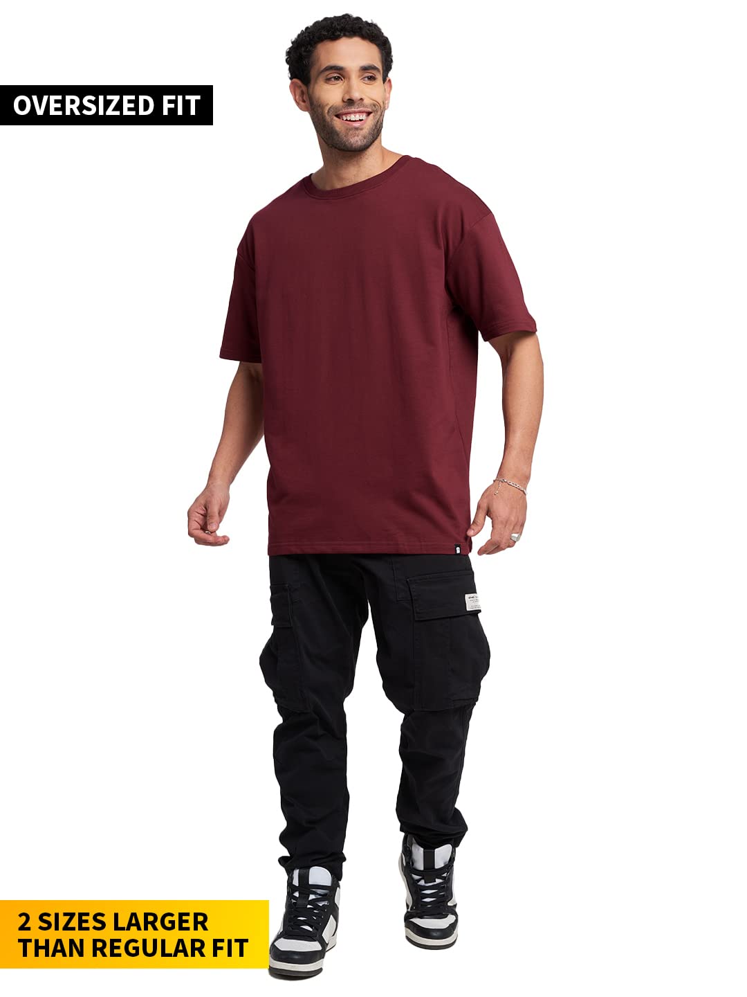 The Souled Store Men Burgundy Solid Oversized T Shirts for Men Baggy Off-Shoulder Loose Fit Relaxed Drop Shoulder Half Sleeve Ro