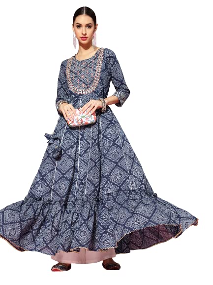 ishin Women's Cotton Blend Blue Embroidered Anarkali Bandhani Kurta
