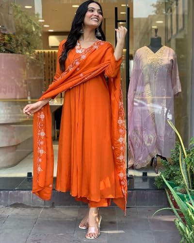 GoSriKi Anarkali Kurta Set for Women - Rayon Blend, Size 44, Orange, Model ASHVTHAMA ORANGE-GS with Trousers and Dupatta