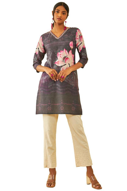 Soch Womens Purple Muslin Blend Floral Printed Kurta With Embellishment
