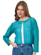 Style Quotient Women Self Design Open Front Cotton Shrug Blue