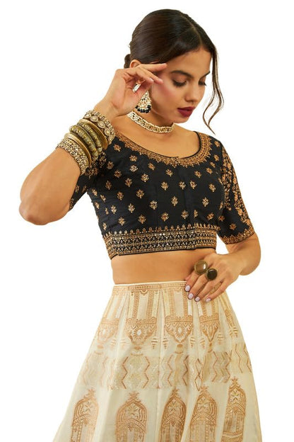Soch Womens Black Tussar Embroidered Front-Open Blouse With Sequin Embellishments