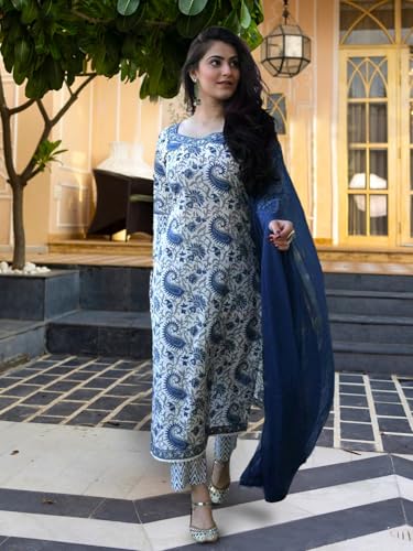 Tee Projekt WomenS Cotton Blend Mandarin Collar Straight Kurta Pant With Dupatta Set Ll Paisley Print Kurta Set With Dupatta Li