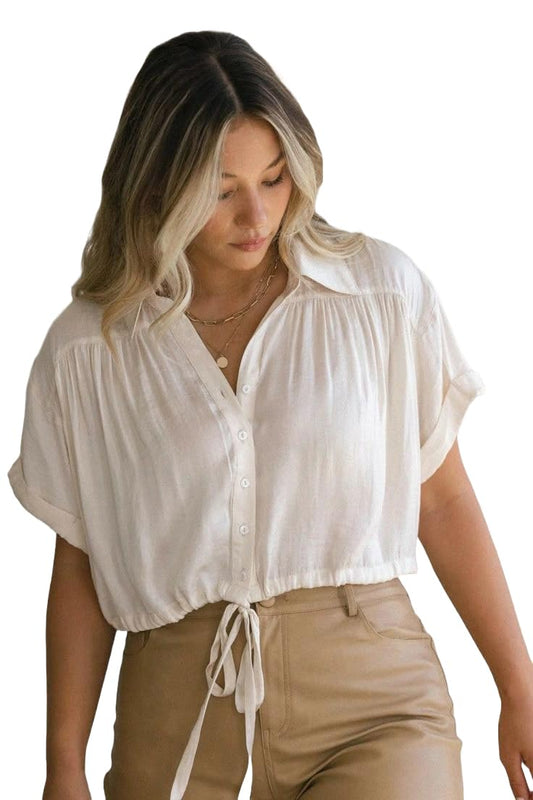 Gosriki WomenS Short Sleeve Shirt Vintage V-Neck Cotton Blend Solid Regular Buttons Top (Lilo White-Gs_S_White_Small)