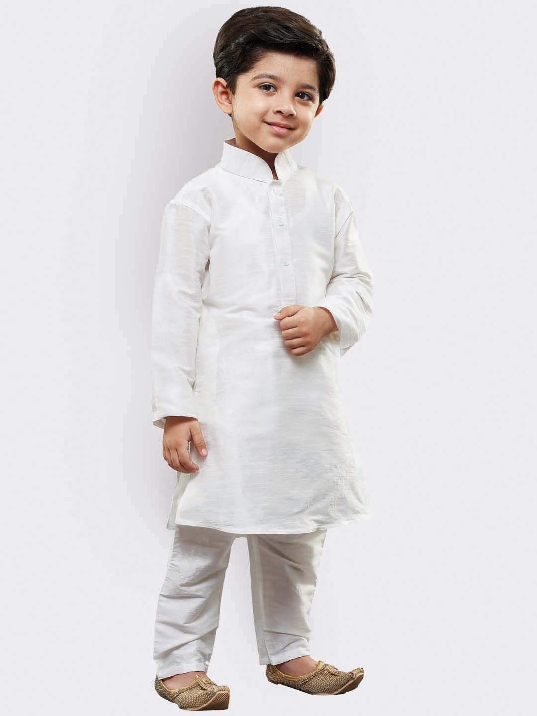 Jbn Creation Boys White Silk Blend Kurta Pyjama And Cap Set