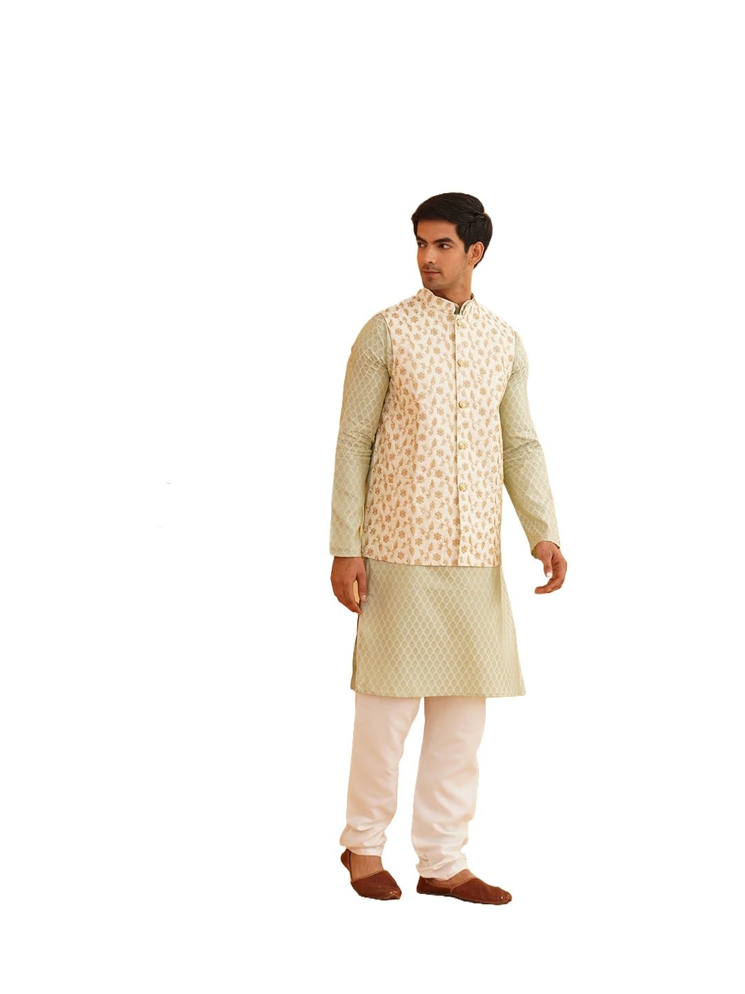 SOJANYA (Since 1958 Timeless Elegance-Pista Green Kurta & Cream Nehru Jacket for The Festive Season