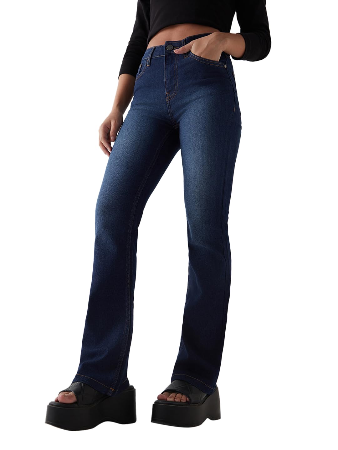 Bewakoof Womens High Rise Washed Bootcut Polycotton Jeans_646020_Blue_30