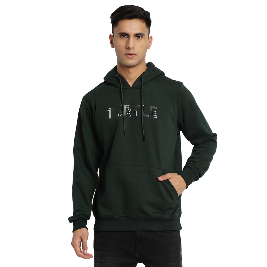 Turtle Men Green Knitted Solid Hooded Sweatshirt