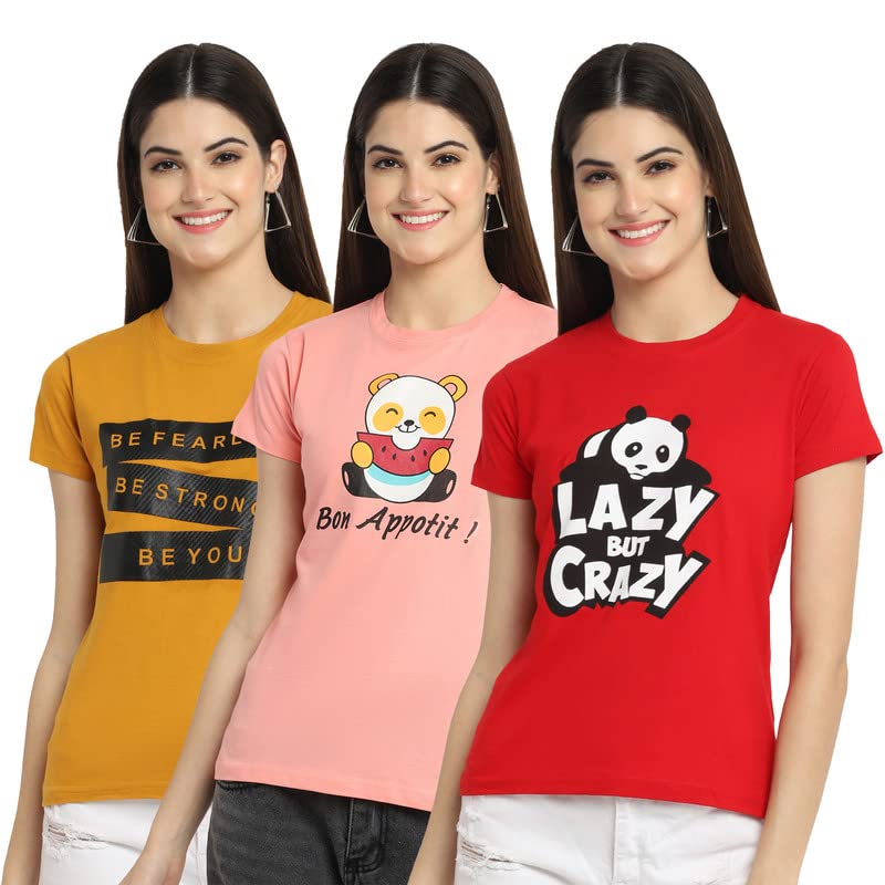 Preneum Womens Cotton Regular Fit Latest Graphic Stylish Printed Short Sleeves Casual T-Shirt || Latest Trendy & Style (Pack 3)
