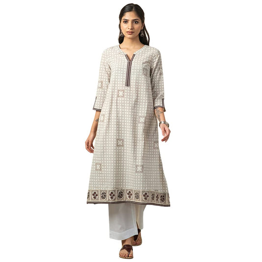 Fabindia Women Printed Slim Fit Long Kurta Cotton_Grey