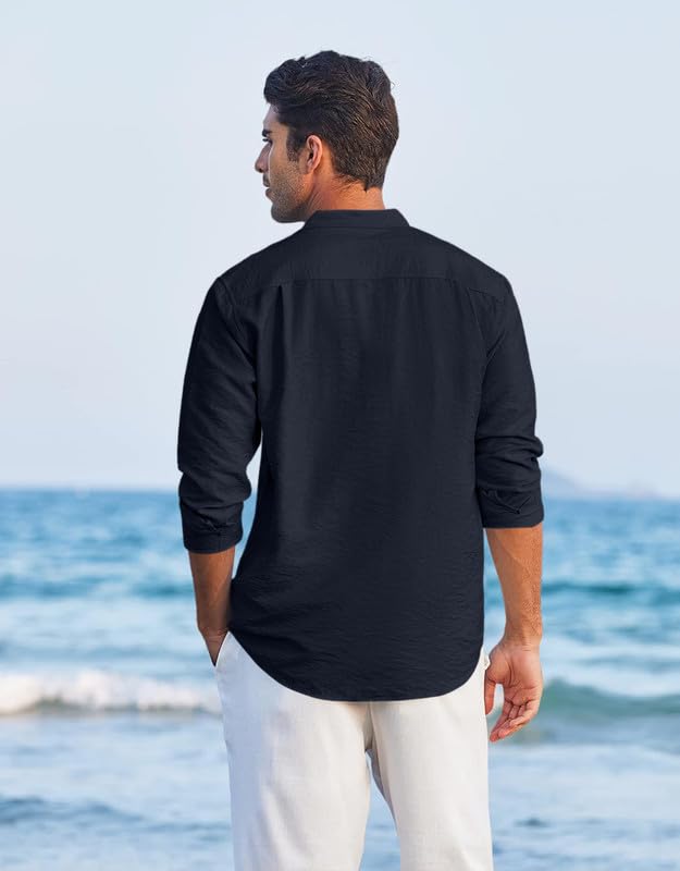 Macsivo Cotton Blend Solid Casual Short Kurta For Men Long Sleeve Mandarin Collar Stylish Shirt Kurta For Men Navy