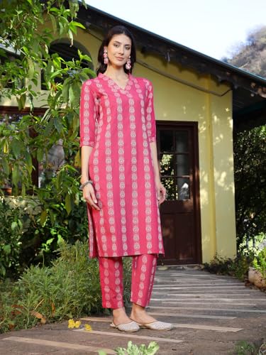 Stylum Womens Woven Design Cotton Blend Straight Kurta Pant Set