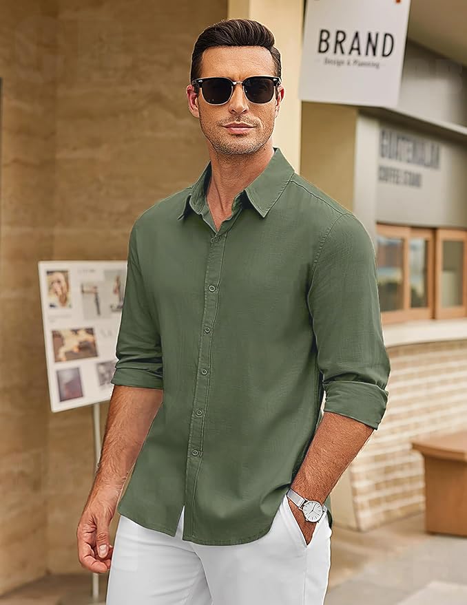 CB-COLEBROOK Mens Long Sleeve Button Down Shirts Casual Cotton Linen Shirts Summer Beach Shirt for Mens Top (in, Alpha, 2XL, Re