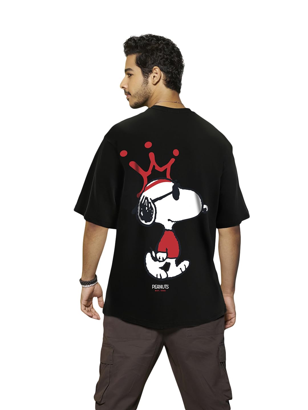 Bewakoof Official Peanuts Merchandise Mens Snoopy King Graphic Print Cotton Jersey T-Shirt - Oversized Fit, Round Neck, Half Sl