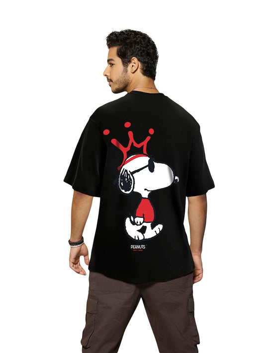 Bewakoof Official Peanuts Merchandise Mens Snoopy King Graphic Print Cotton Jersey T-Shirt - Oversized Fit, Round Neck, Half Sl