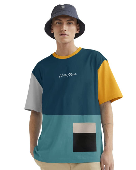 Noble Monk MenS Round Neck Loose Fit Half Sleeves Colorblocked T-Shirt