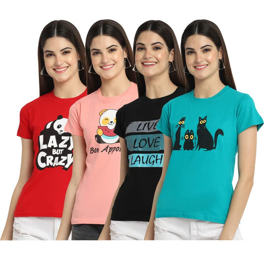 Preneum Womens Cotton Regular Fit Latest Graphic Stylish Printed Short Sleeves Casual T-Shirt || Trending & Style (Pack 4), Red