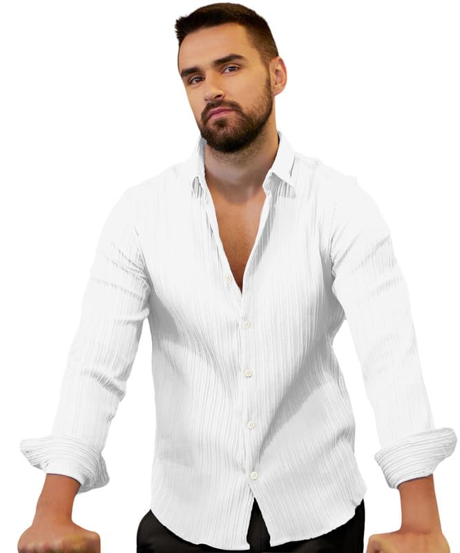 Campus Sutra Mens Chalk White Self-Design Striped Shirt for Casual Wear | Spread Collar | Long Sleeve | Button Closure | Shirt