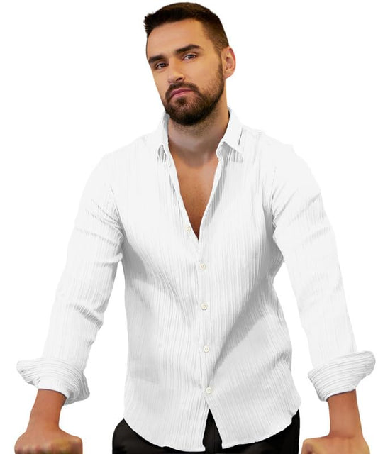 Campus Sutra Mens Chalk White Self-Design Striped Shirt for Casual Wear | Spread Collar | Long Sleeve | Button Closure | Shirt