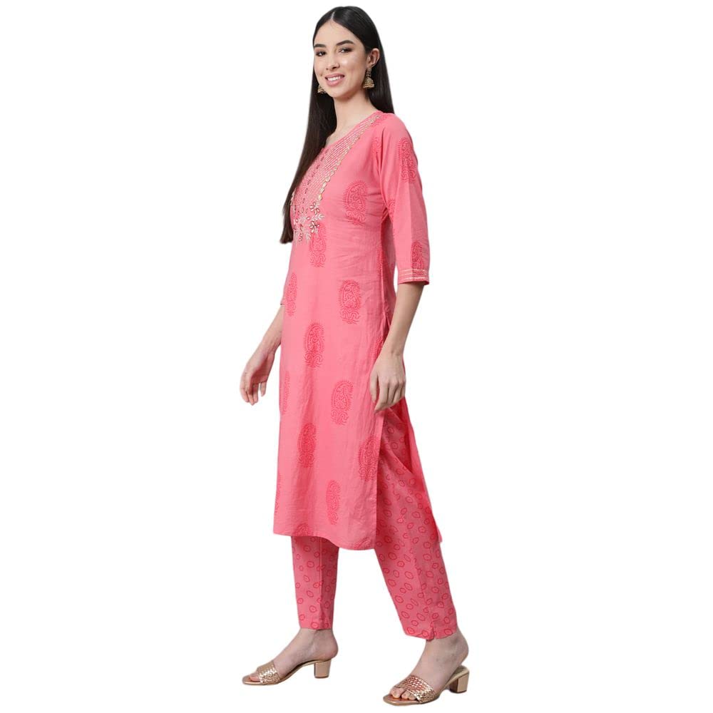 anubhutee Women's Cotton Pink Gota Patti Ethnic Motifs Printed Straight Kurta Suit Set with Pants and Dupatta
