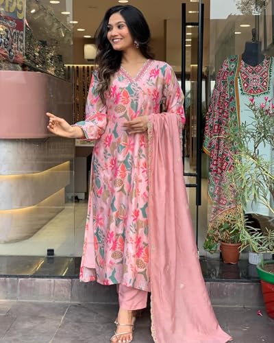 GoSriKi Women's Rayon Blend Printed Kurta with Pants & Dupatta, Peach, Large, Model MASLIN-MULTI-GS