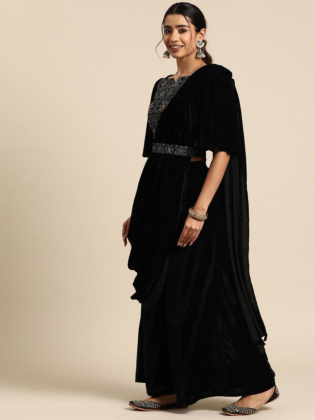 Libas WomenS Velvet Saree (34767_Black)