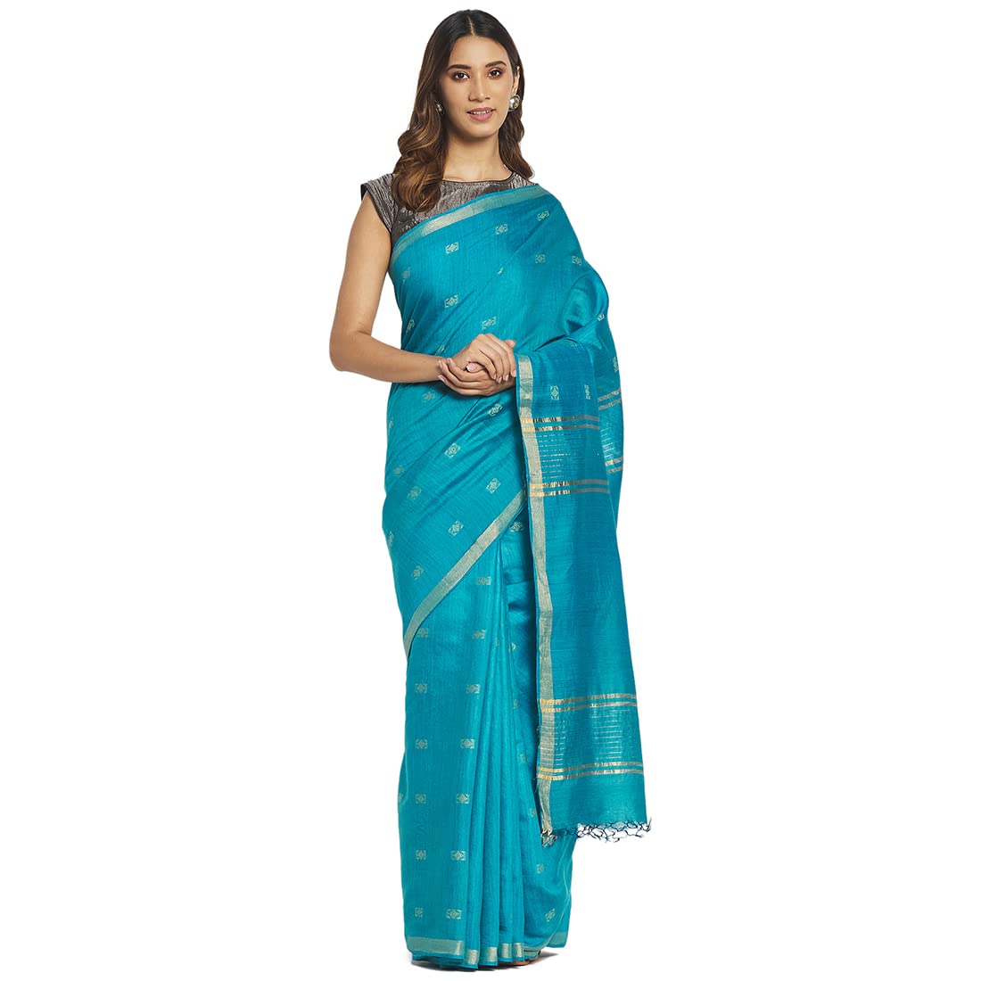 Fabindia Women Silk Choti Butti Sari Turquoise_Freesize