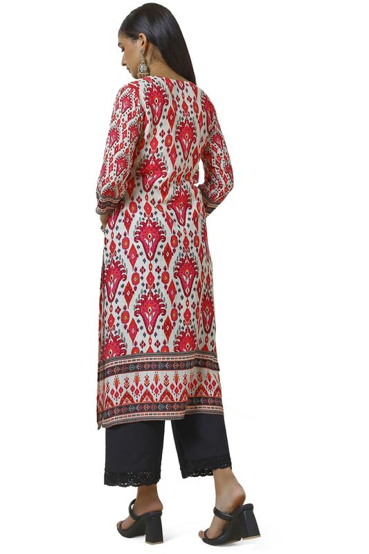 Soch Womens Cream Linen Blend Abstract Print Kurta With Sequins Work