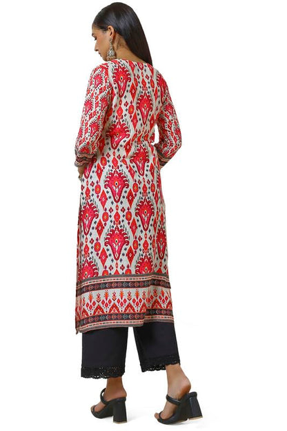Soch Womens Cream Linen Blend Abstract Print Kurta With Sequins Work