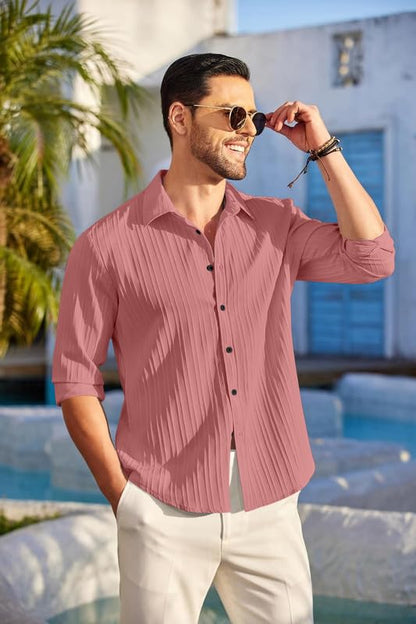 Macsivo MenS Line Shirt With Spread Collared Neck Full Sleeve Button Closure Curved Hem Length Regular Fit | Popcorn Shirt For