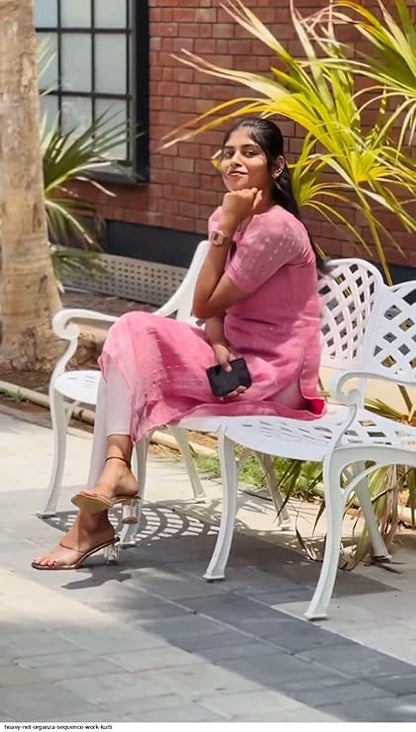 Trillmixa WomenS Organza Kurta With Keyhole Neck Half Puff Sleeves Solid Pattern Calf Length A-Line Style And Regular Fit Pink