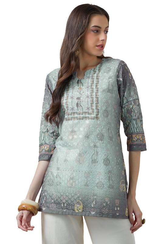 Soch Womens Powder Blue Cotton Blend Floral Embroidered Tunic with Schiffli