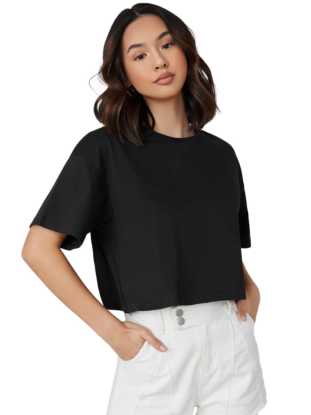 Kotty WomenS Solid Cotton Blend Oversized Crop T-Shirts
