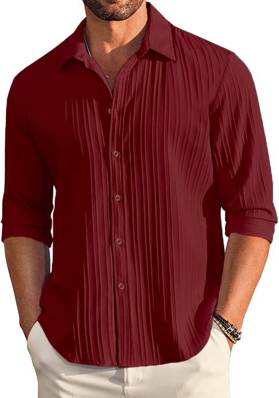 CB-COLEBROOK Mens Casual Button Down Shirts Long Sleeve Linen Shirt Fashion Textured Beach Summer Shirt (in, Alpha, 2XL, Regula