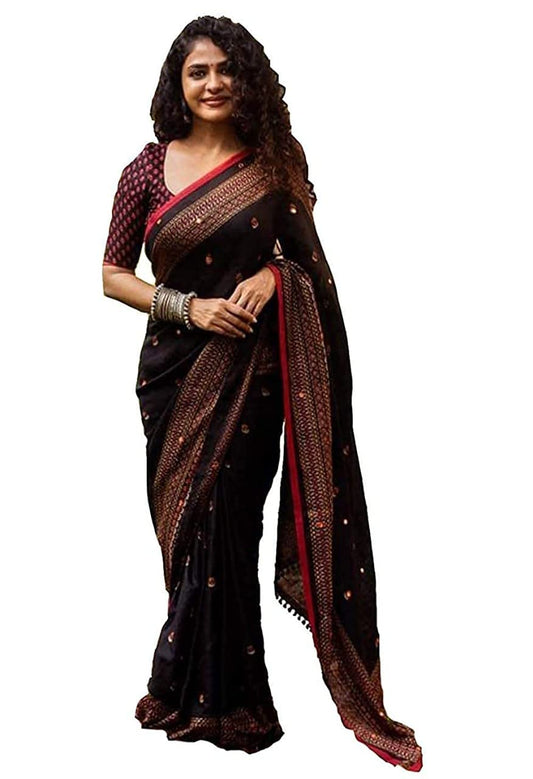 GoSriKi Womens georgette blend with Blouse Piece Embroidery Saree (GLASS BLACK Free Size)