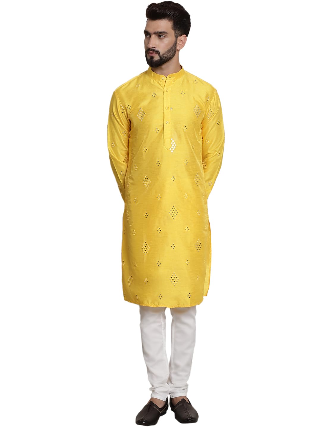 SOJANYA (Since 1958 Men's Silk Blend Mirror Work Mango Yellow Long Kurta & White Solid Pyjama Set
