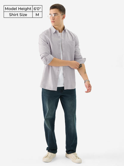 The Souled Store Solids: Cloud Grey Men and Boys Long Sleeve Collared Neck Button Front Regular Fit Cotton Linen Shirts