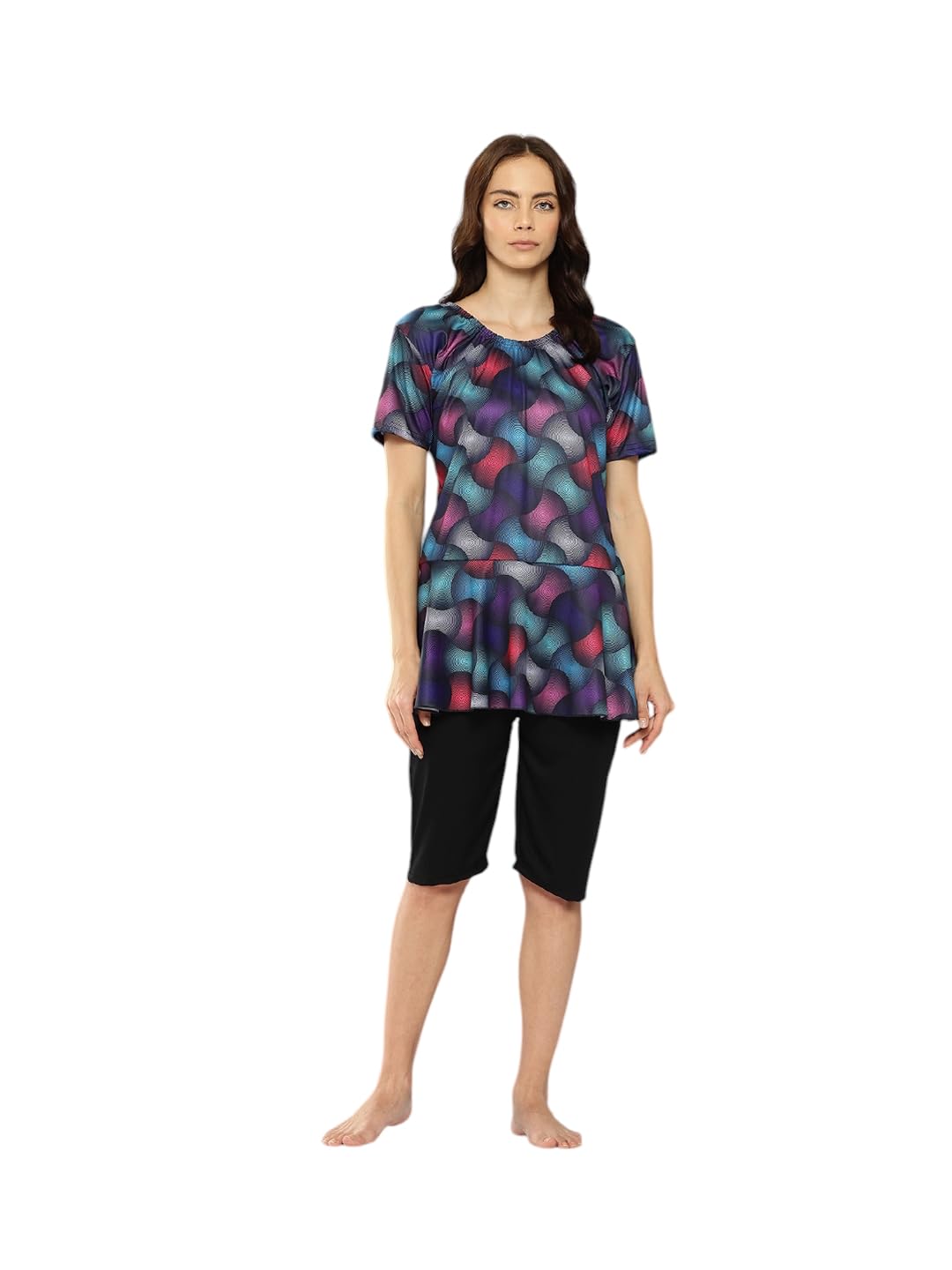 Aarika Womens Sports Wear Black Colour Abstract Print Nylon Plus Size Swim Suit with Goggle-(XS-4XL)-(SW-GOGL-W-P-SHM-CA-1120-BL