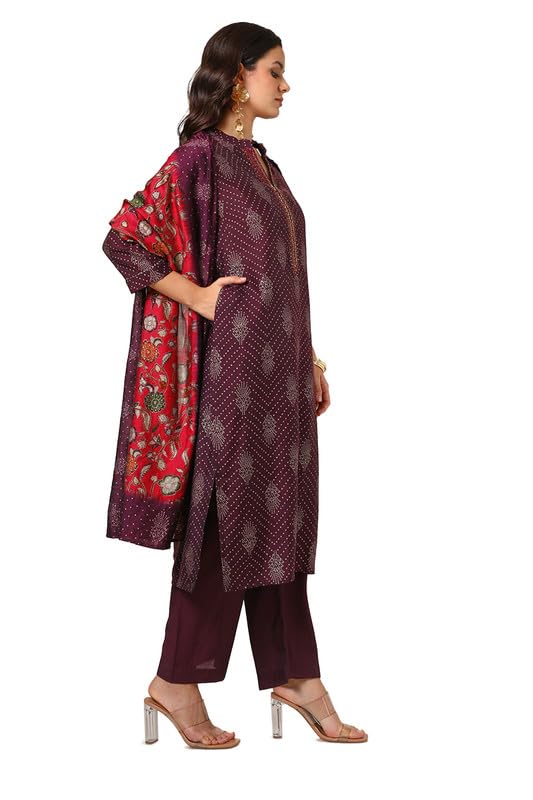 Soch Womens Wine Muslin Blend Bandhani Print Suit Set