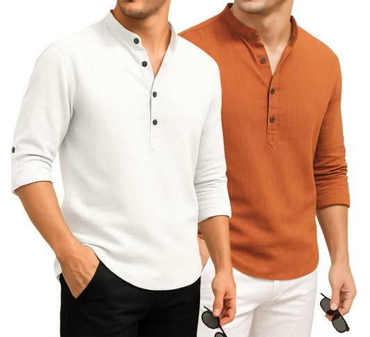 Deelmo Combo Of MenS Cotton Blend Solid Regular Fit Full Sleeve Short Kurta | MenS Trendy Short Kurta Pack Of 2 White - Orange