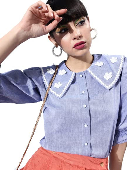 Style Quotient Women Blue Classic Floral Embroidered Casual Shirt