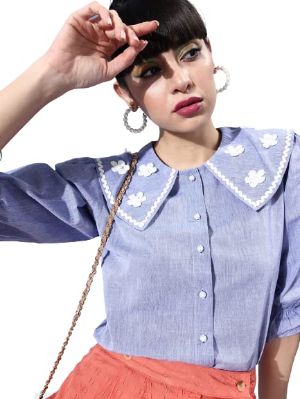 Style Quotient Women Blue Classic Floral Embroidered Casual Shirt