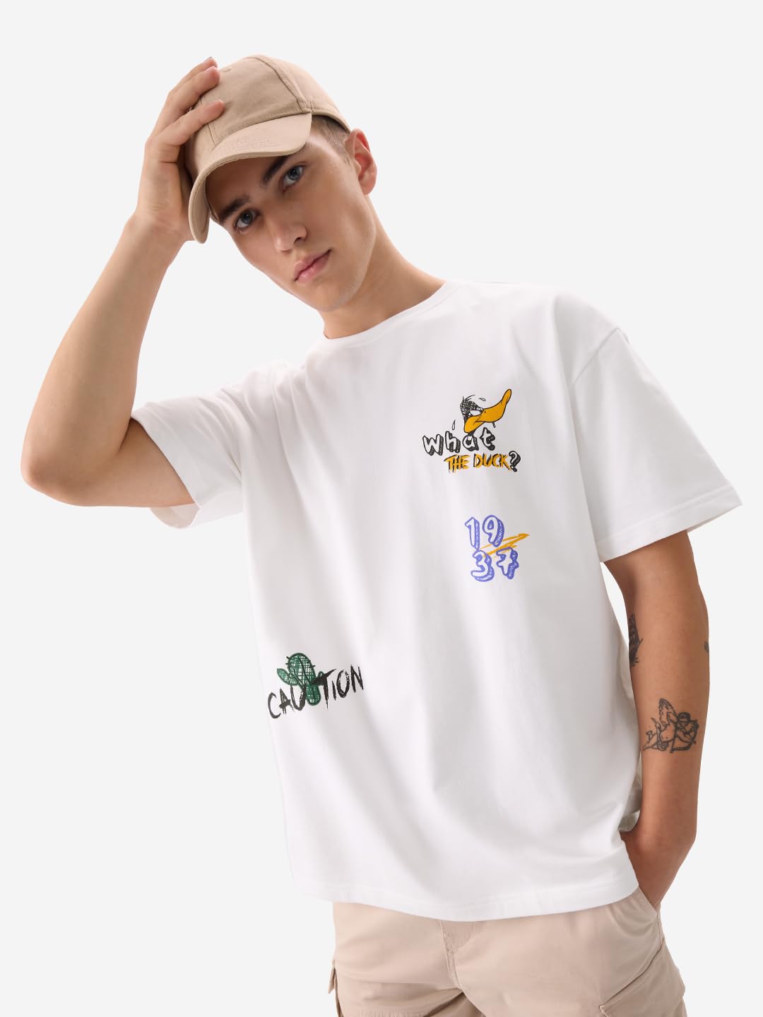 The Souled Store Daffy Duck: Allergic to Idiots Men and Boys Short Sleeves Round Neck White Graphic Printed Cotton Oversized T-S