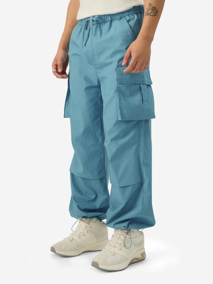 The Souled Store Dusky Blue Men and Boys Drawstringed Baggy Fit Toggles Leg Closure Cotton Parachute Pants