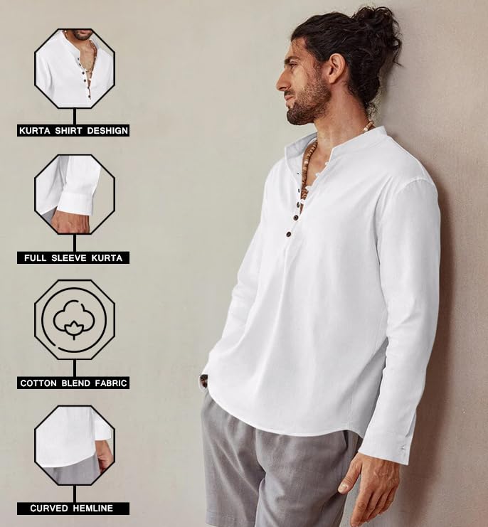 Royalscout MenS Cotton Solid Full Sleeve Short Kurta Shirt White