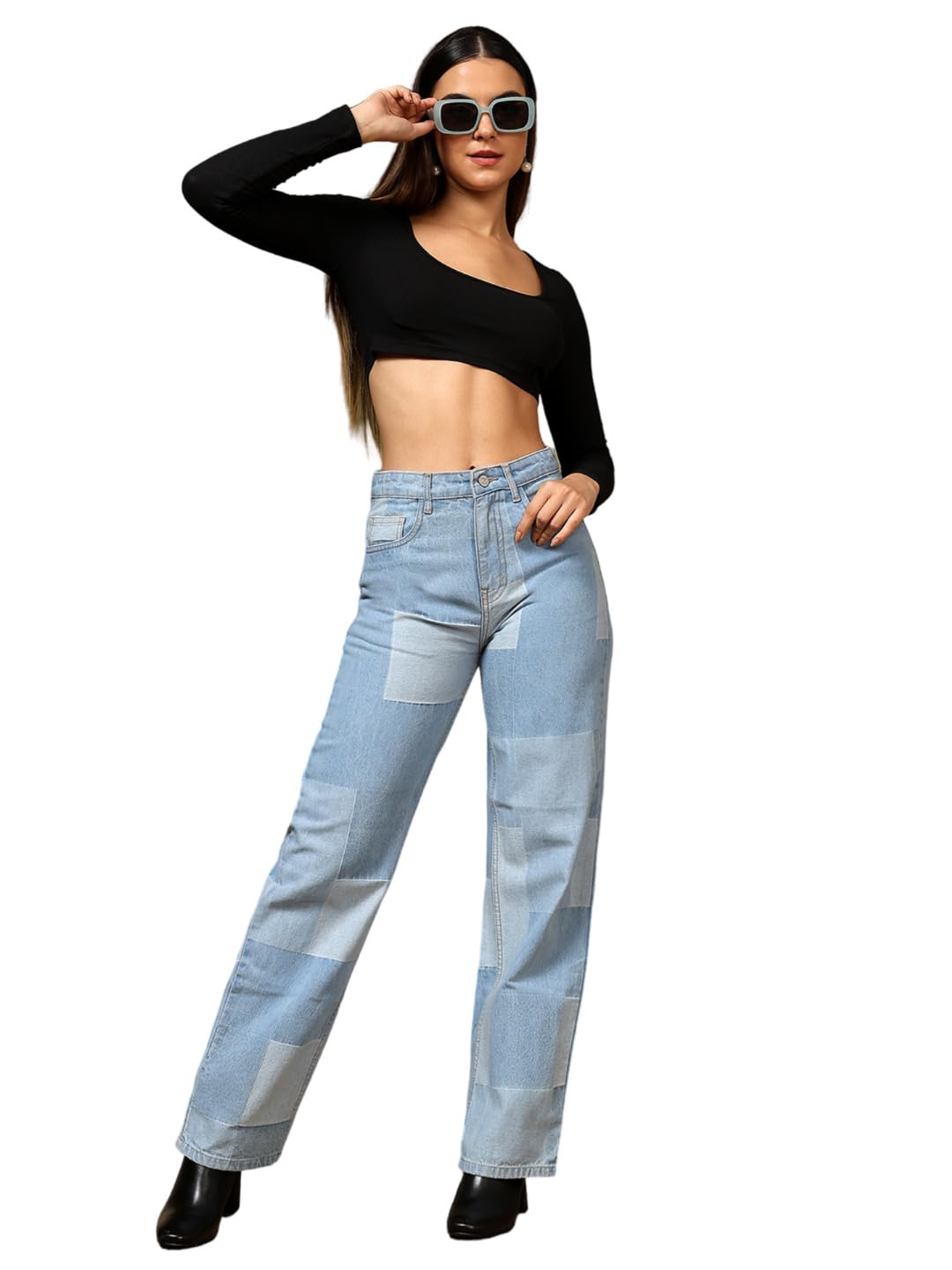 Kotty WomenS Checkered Pure Cotton Wide Leg Jeans(Blue,32)