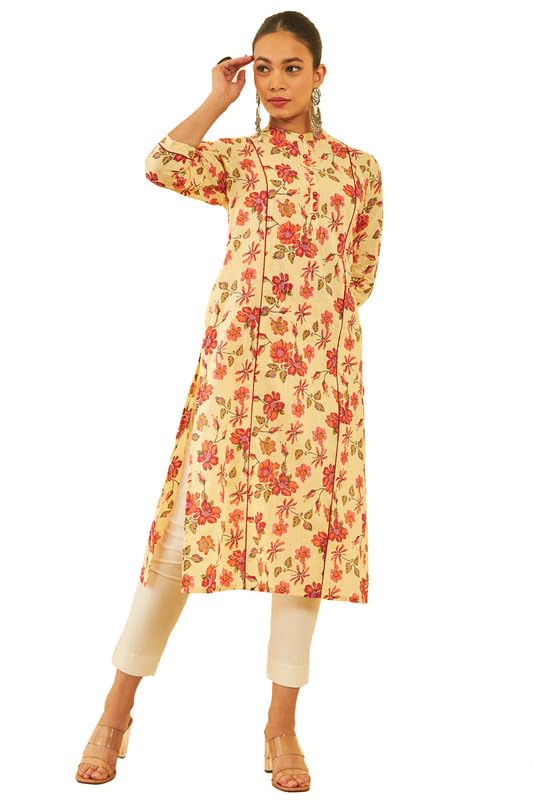 Soch Womens Light Yellow Cotton Floral Printed Band Collar Kurta with Zari
