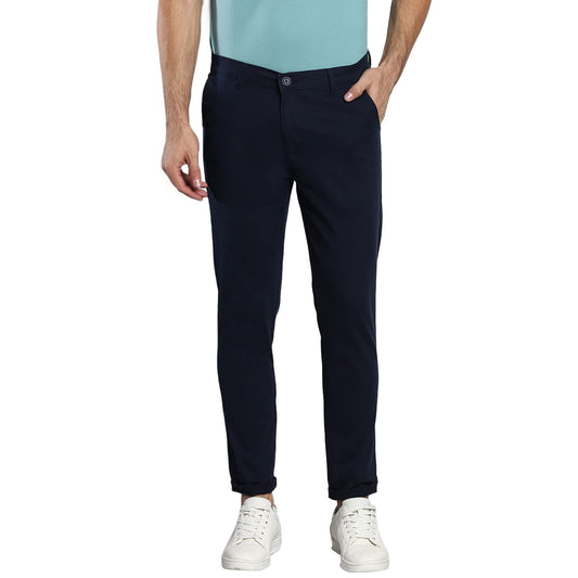 Dennis Lingo Solid Cotton Mens Casual Trouser, Tapered Fit, Mid Rise, Ankle Length Chinos Trousers Navy