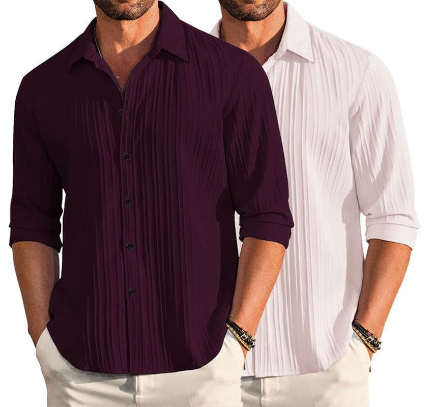Deelmo Combo Of MenS Casual Button Down Shirts Long Sleeve Linen Shirt Fashion Textured Summer Shirts Pack Of 2