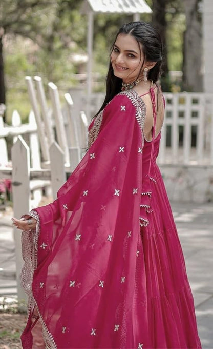 Wedani Georgette Solid Anarkali Kurta Set for Women Pink